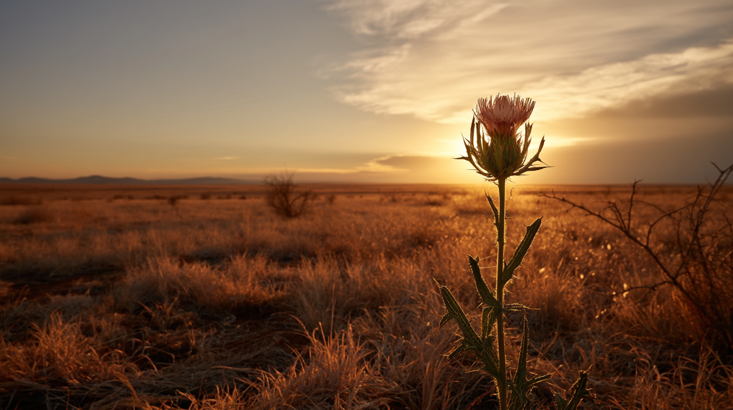 Wild Thistle Moon: a lone thistle standing in a golden Texas landscape at sunset, symbol of the studio's creative identity