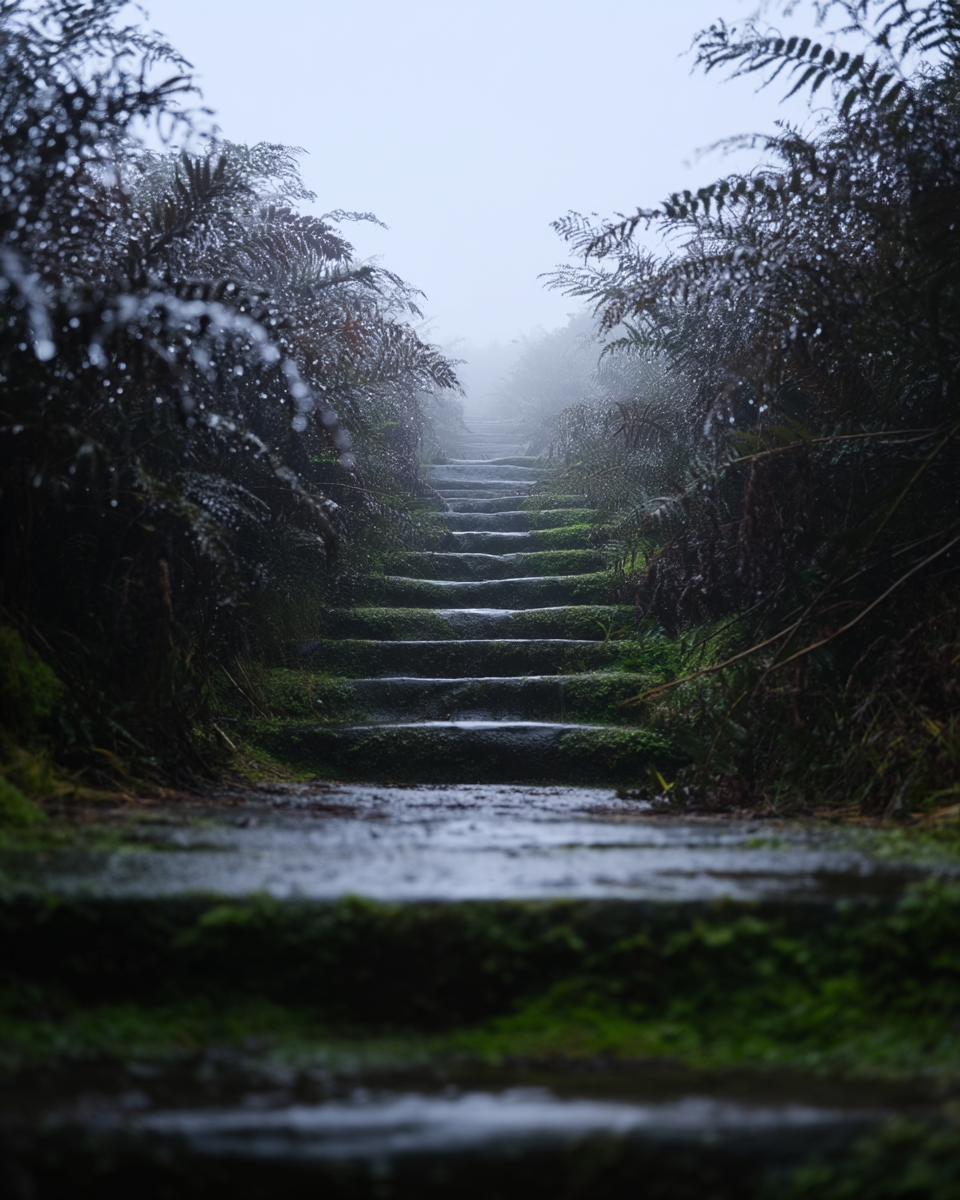 Moss stone steps with rain and ferns