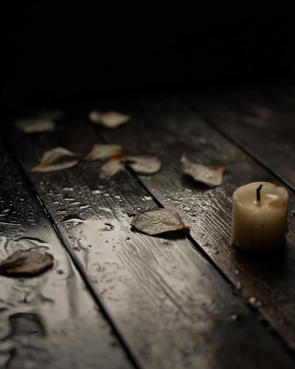 Wet petals and candle stub on dark wood