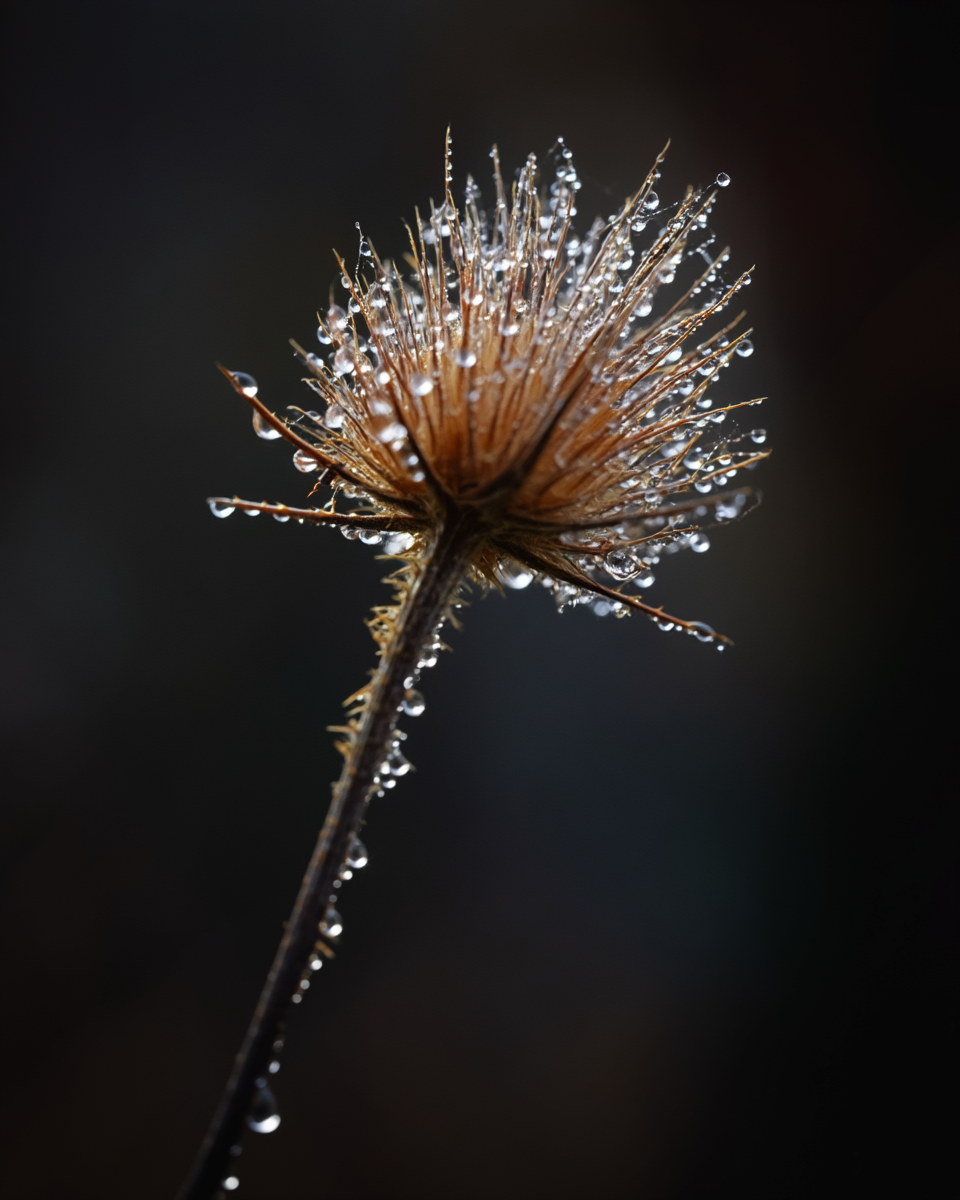 Dried thistle head with individual raindrops