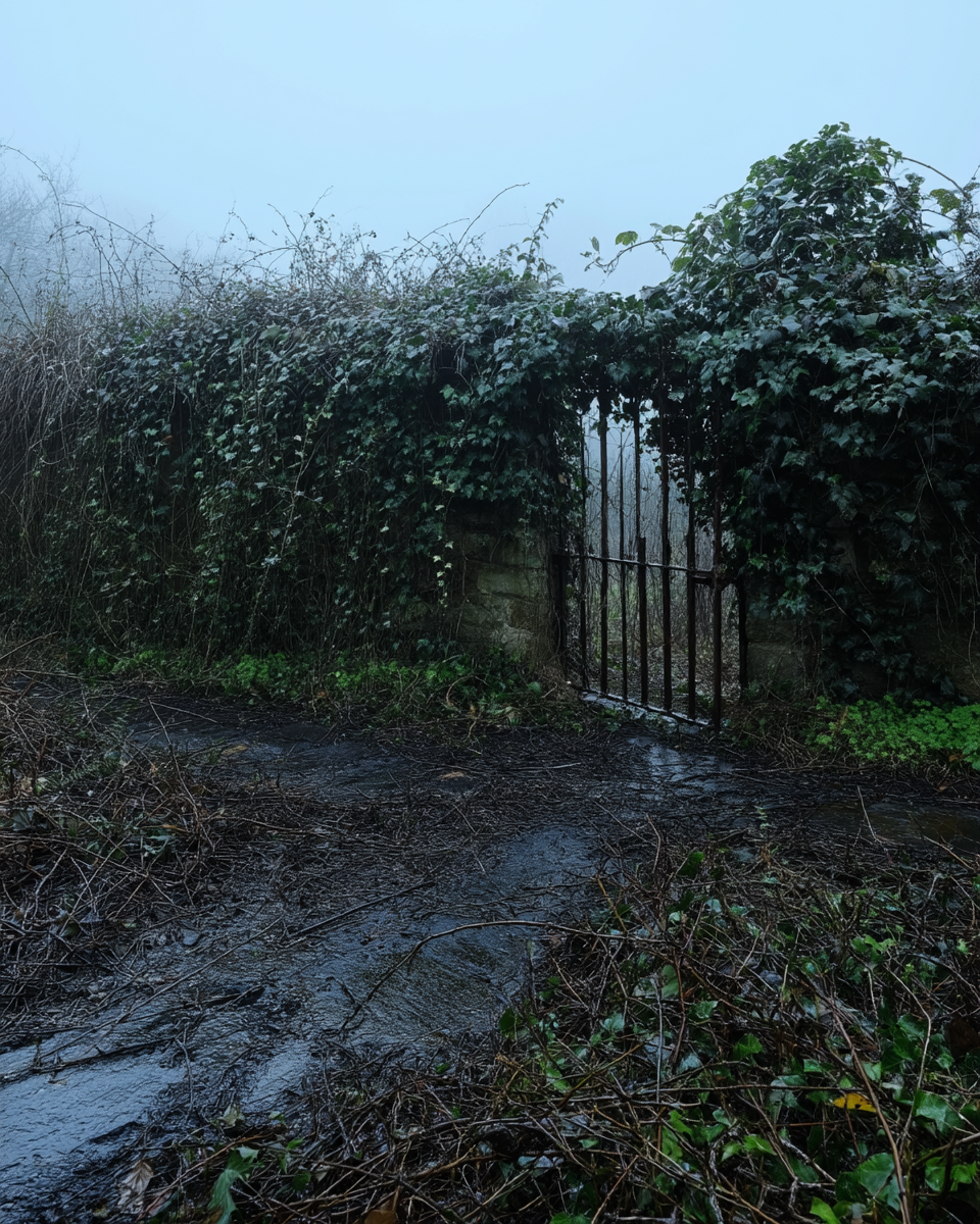 Iron gate ajar with wet ivy wall