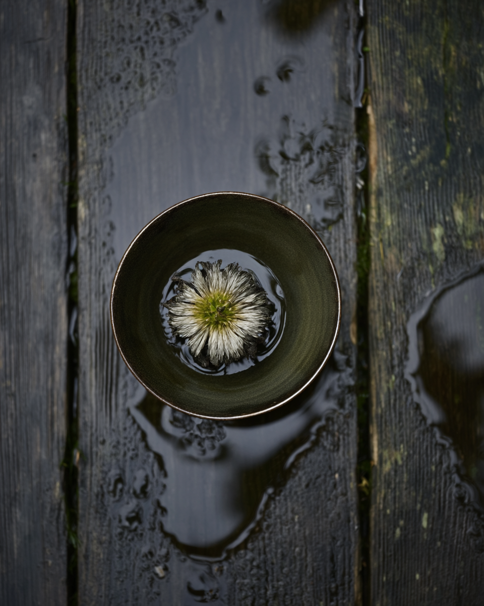 Dark ceramic bowl with floating flower top-down