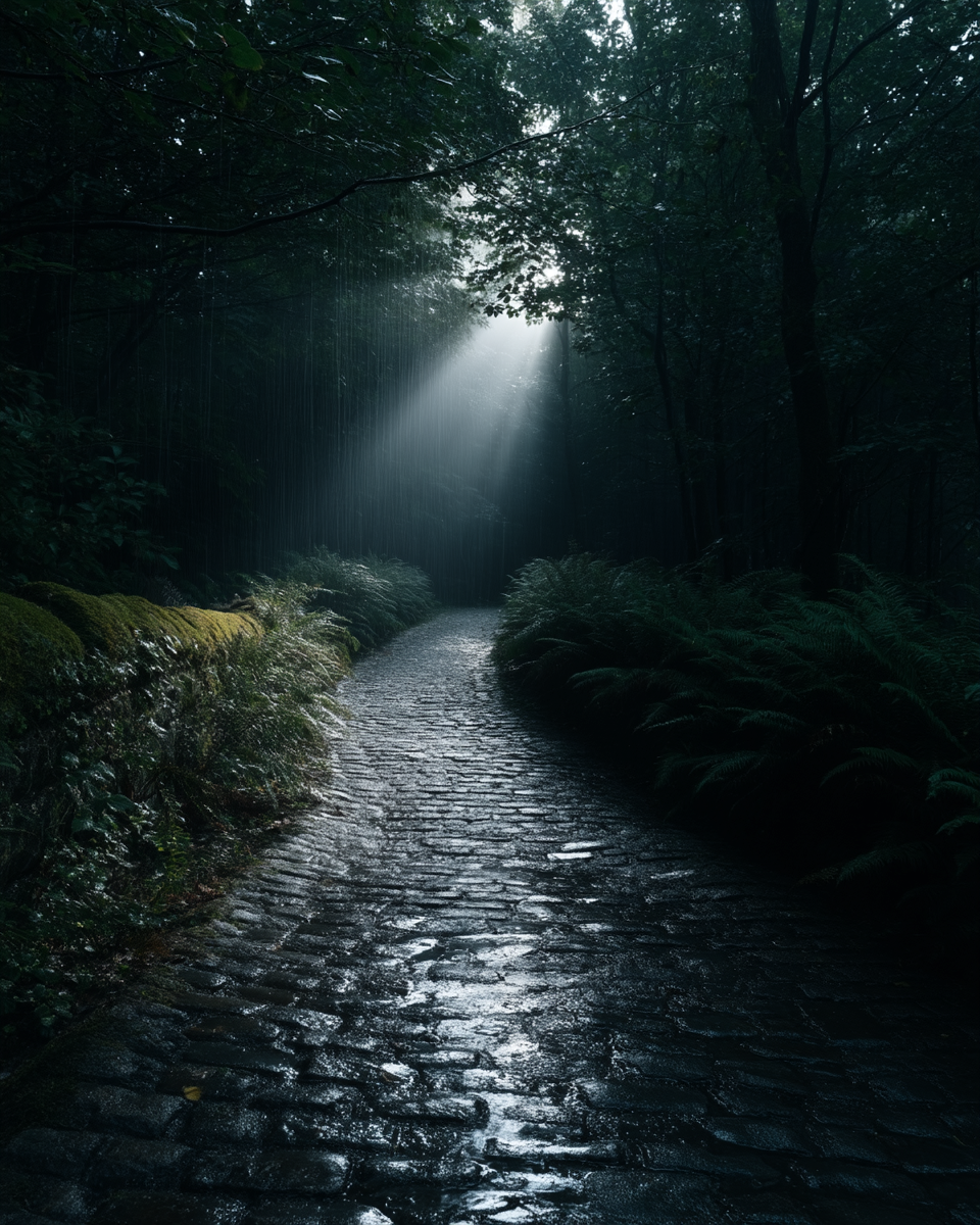 Rain-soaked cobblestone path with cold light shaft