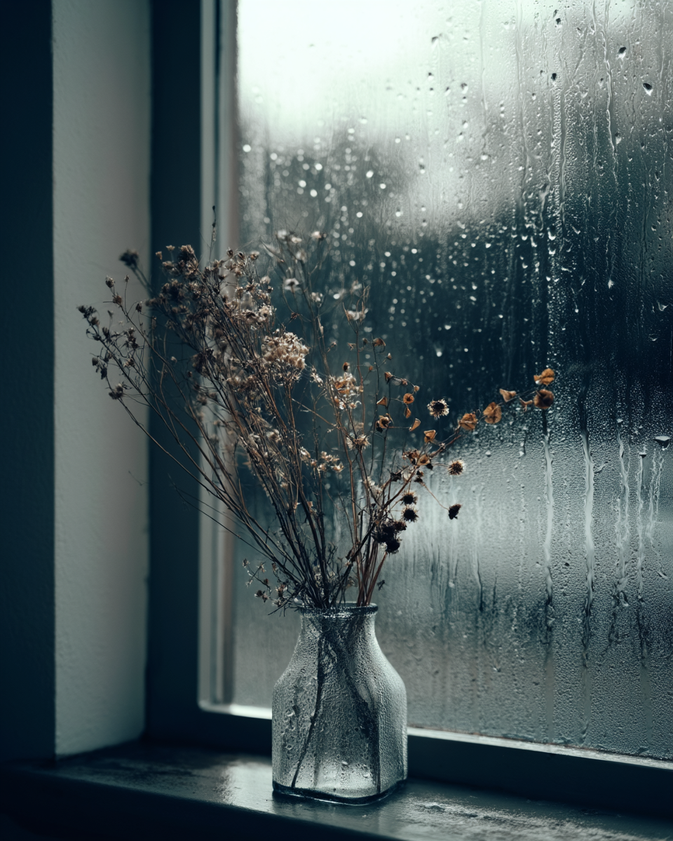 Dried botanicals in glass vase, rain-streaked window