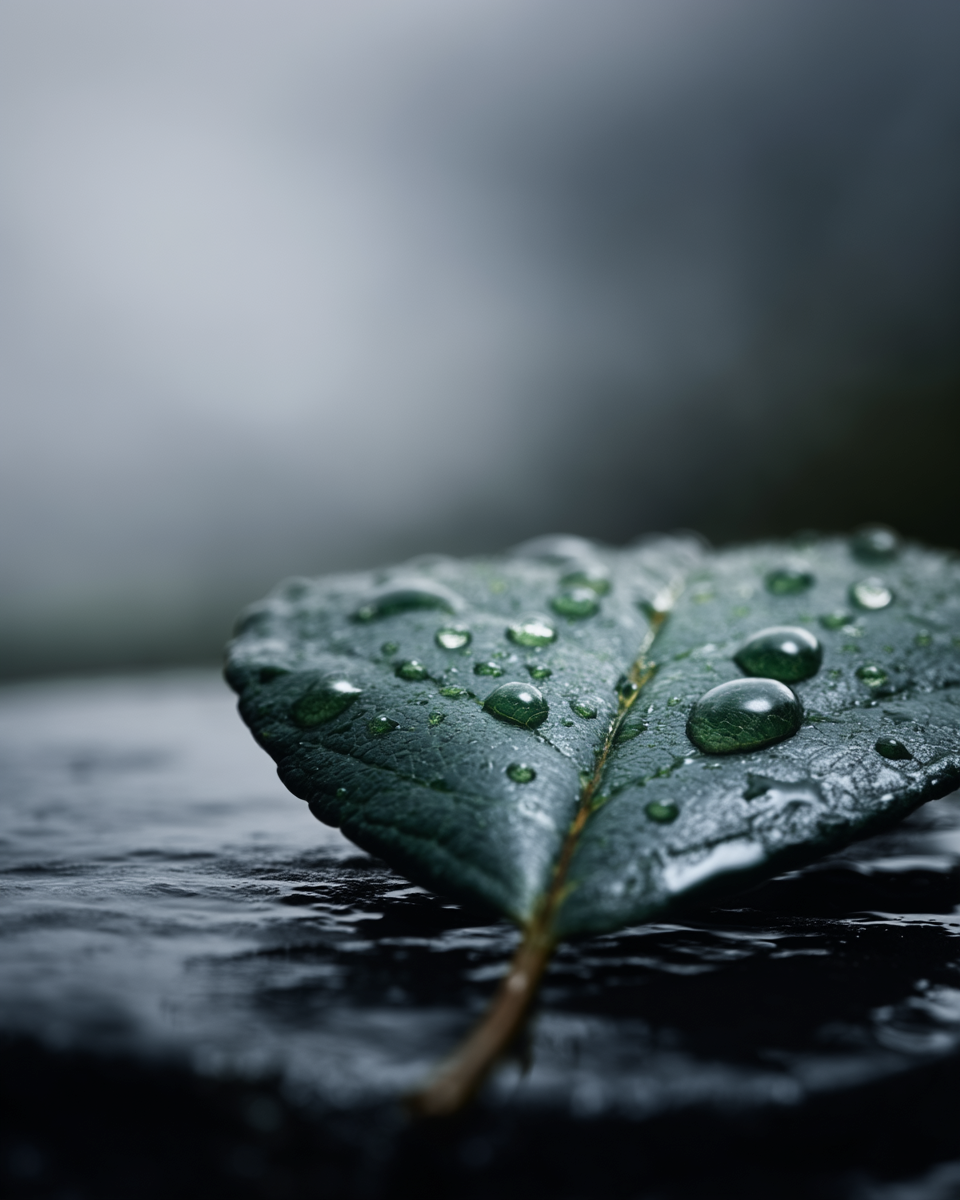 Single dark green leaf on wet stone