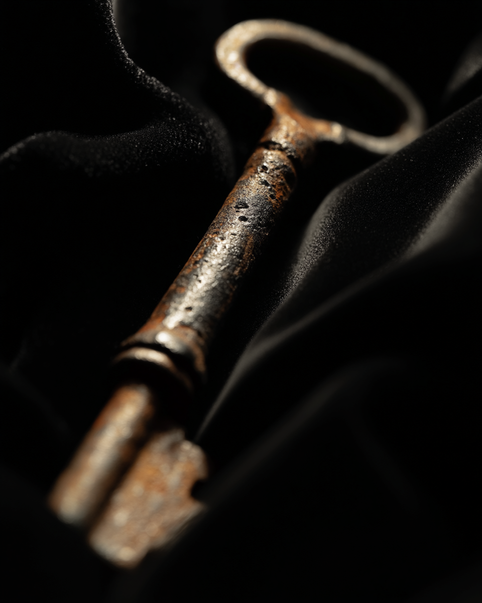 Skeleton key on black velvet, angled close-up