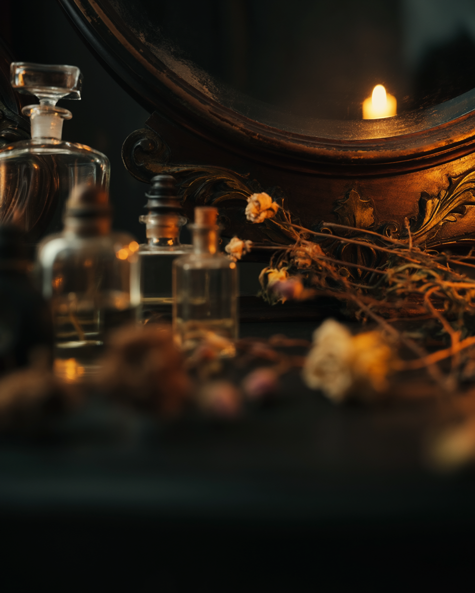 Vanity mirror, perfume bottles, dried flowers, candle