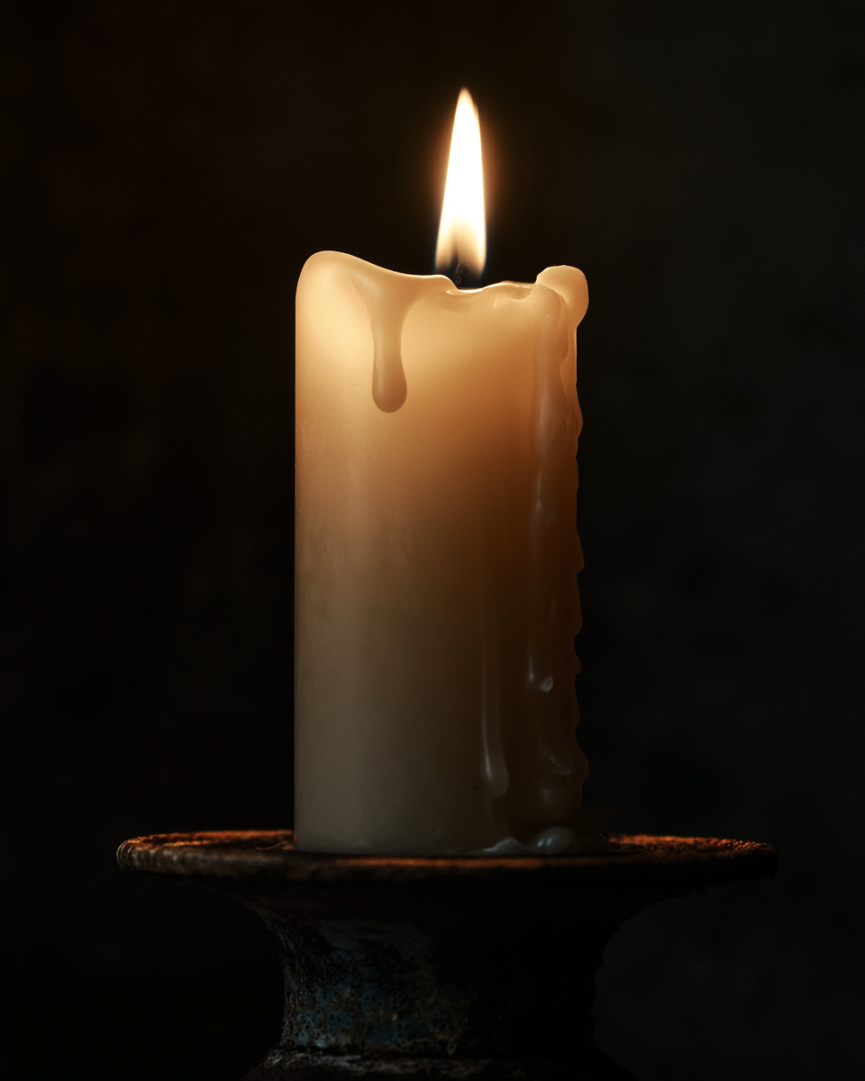 Single candle on iron candlestick, black background