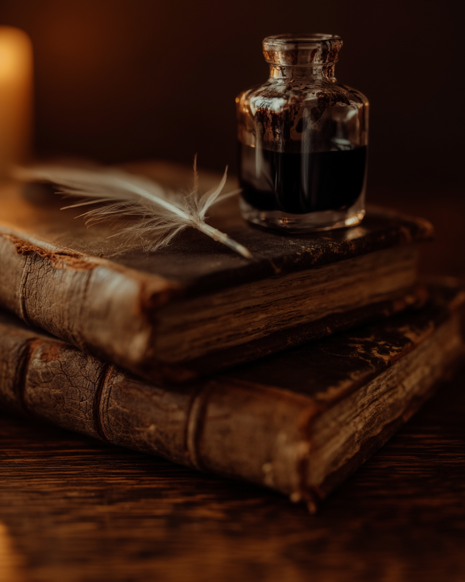 Leather journals, quill, ink bottle, candlelight