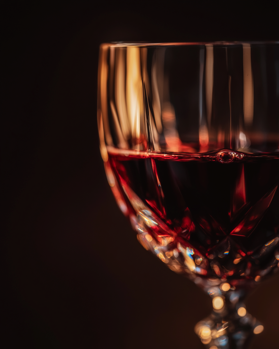 Crystal wine glass with red wine and candlelight reflections