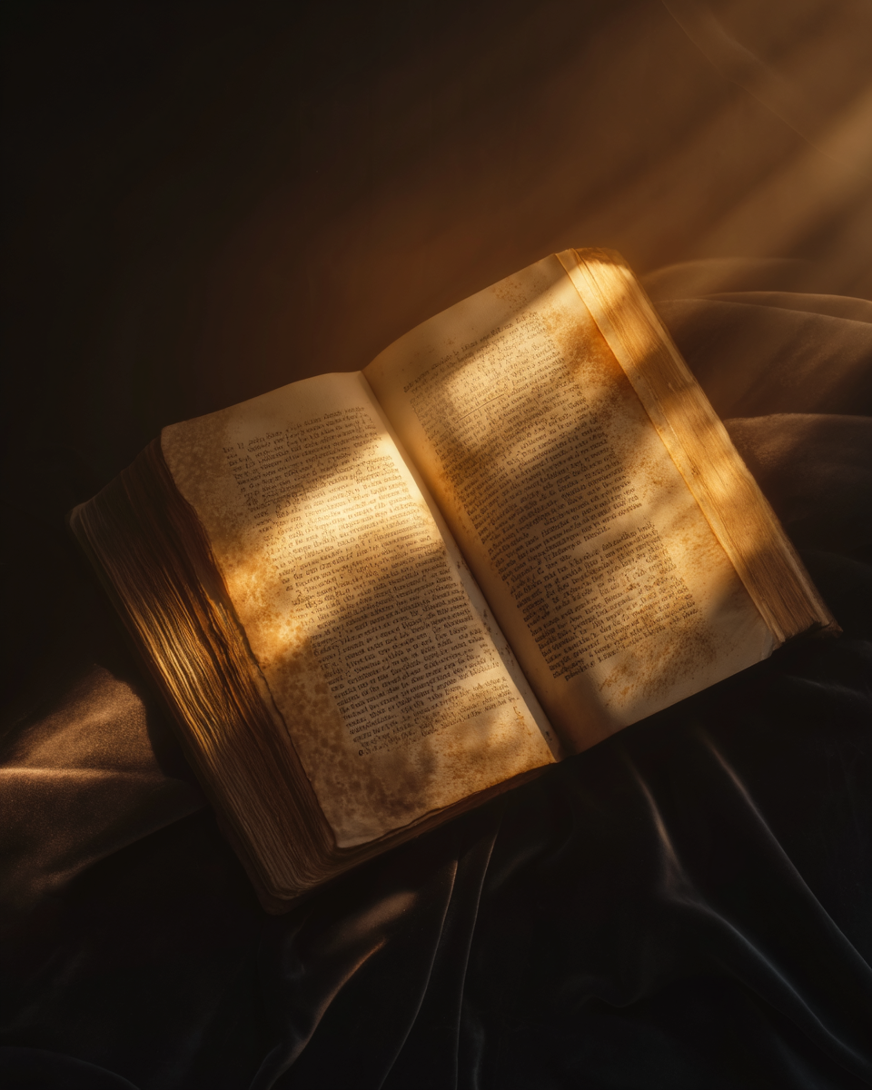Ancient open book with golden raking light and dark velvet