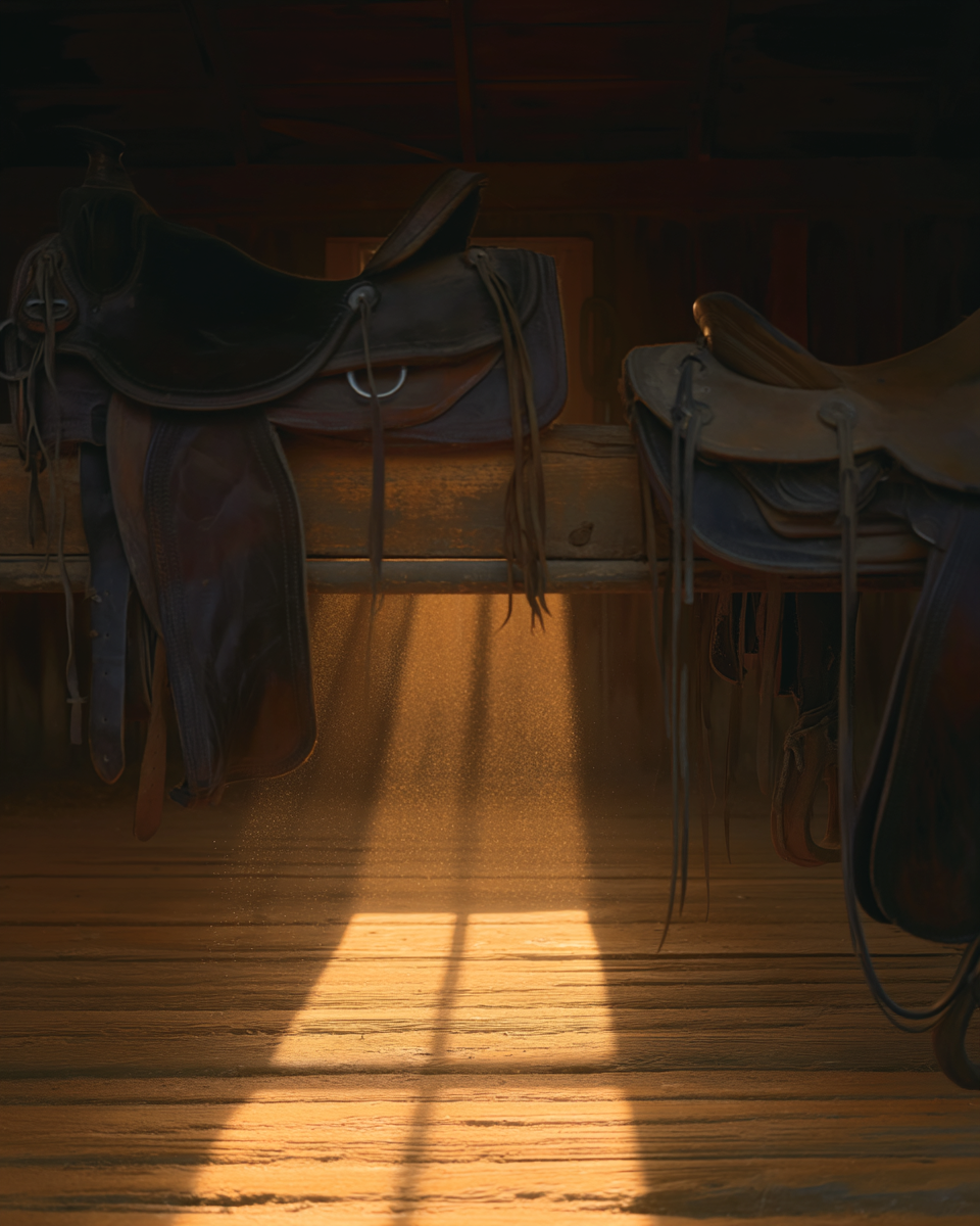 Tack room saddles, dust motes, golden window light