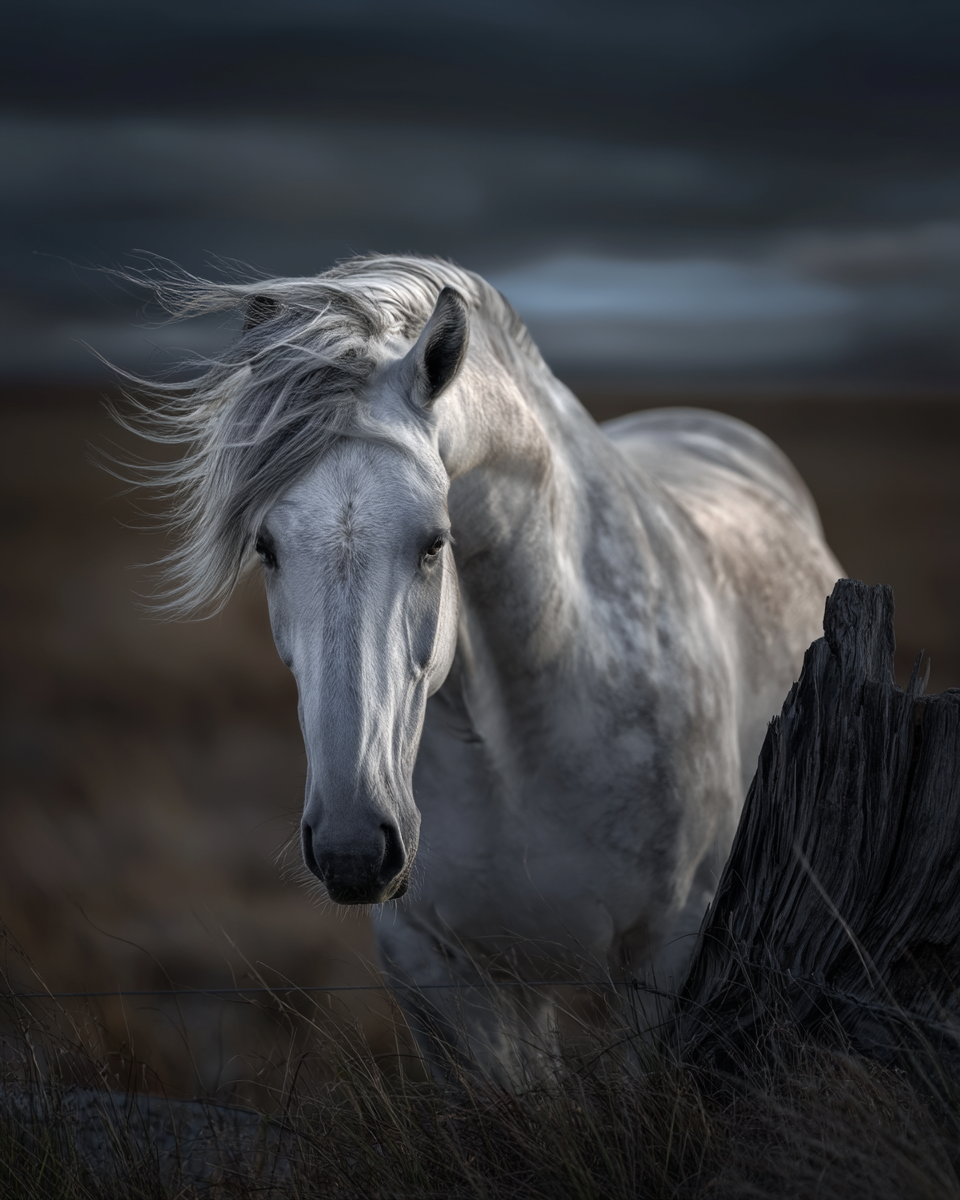 White horse in storm light, mane blowing