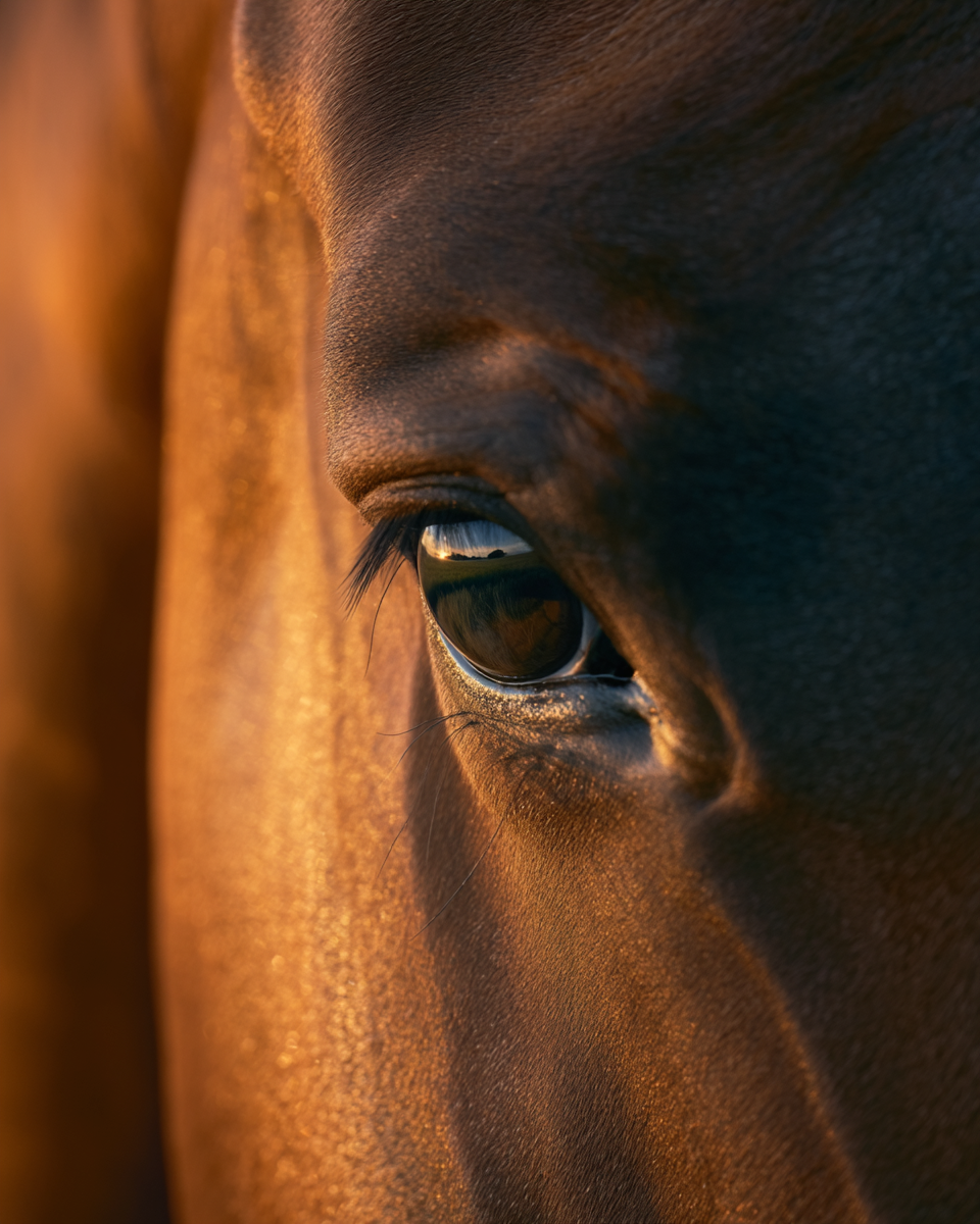 Chestnut horse eye close-up, golden light