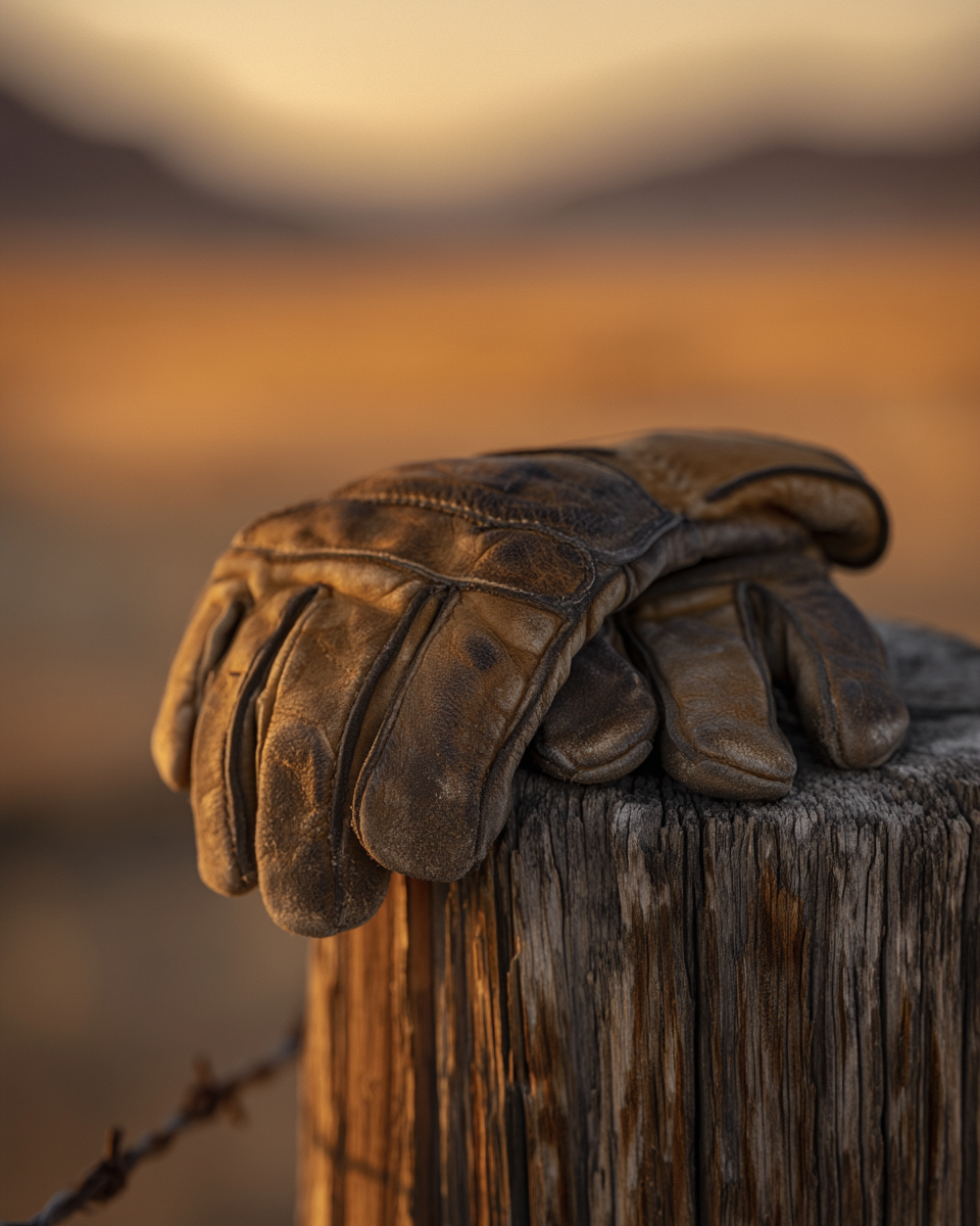 Worn leather gloves on fence post, golden hour