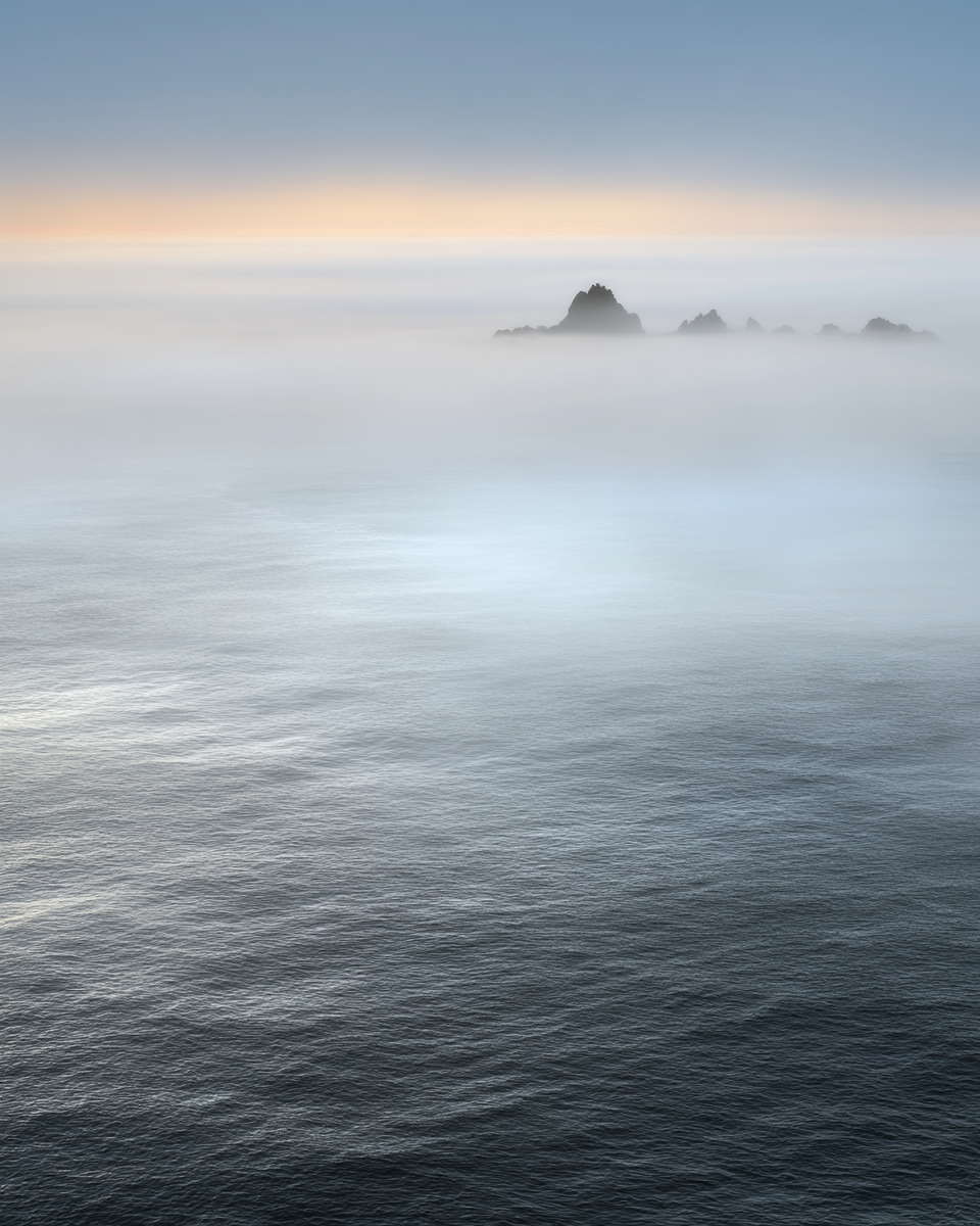 fog over the ocean at dawn, moody coastal landscape