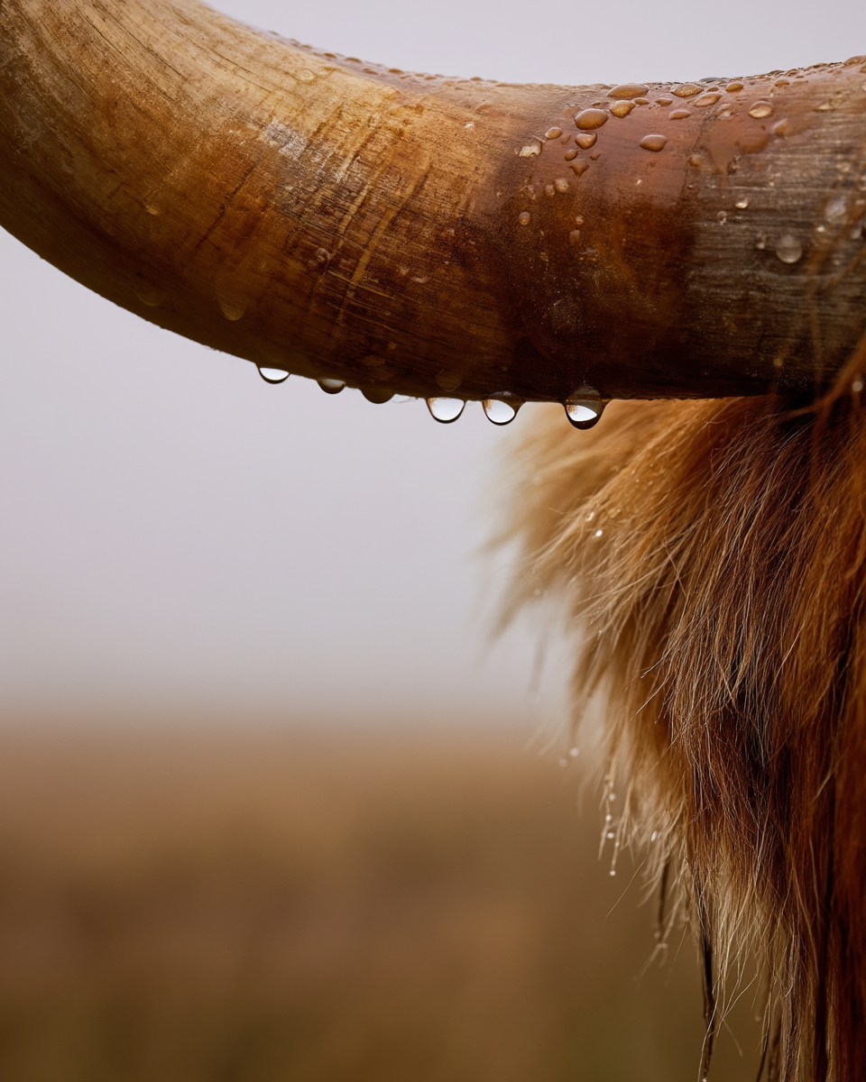Highland horn with raindrops, close-up