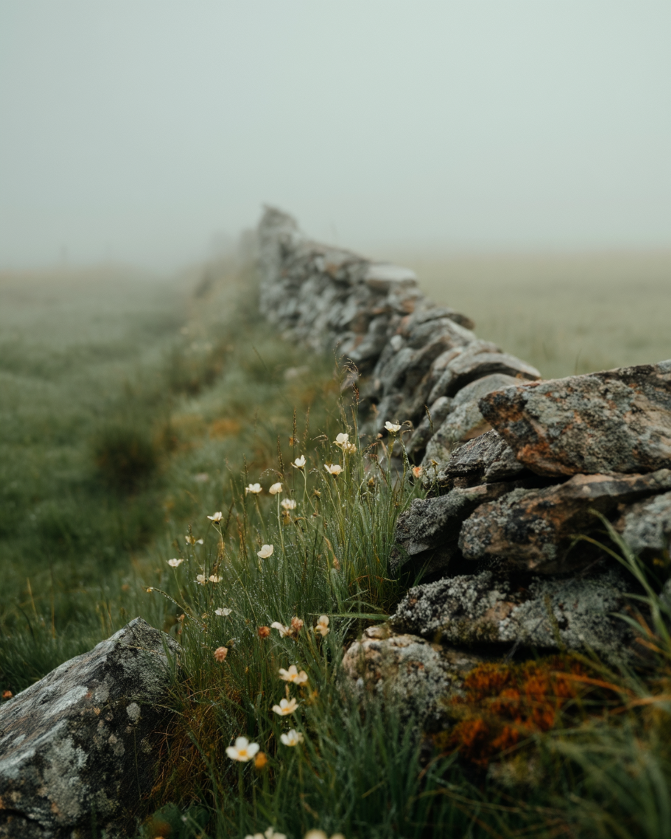 Stone wall with wildflowers disappearing into fog