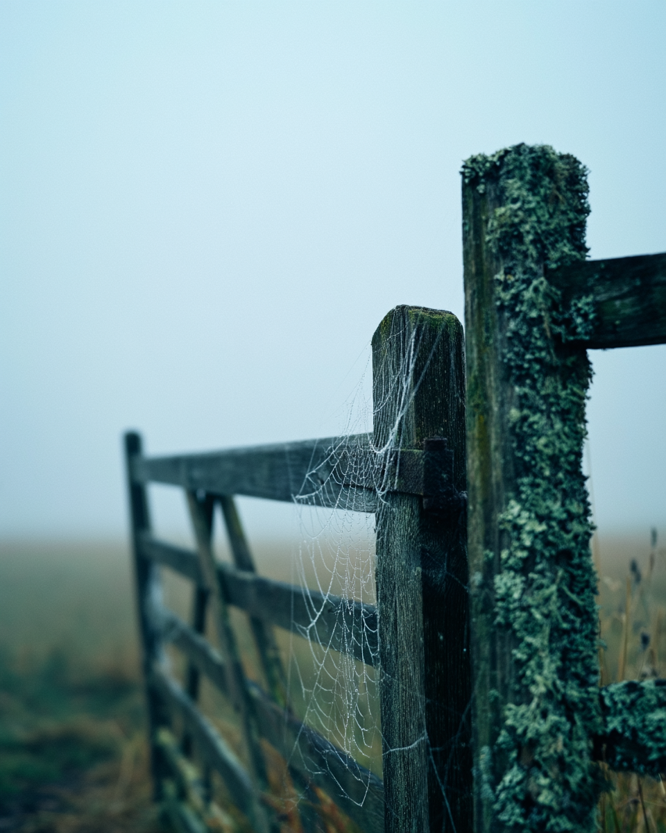 Mossy lichen fence post with spiderweb in fog