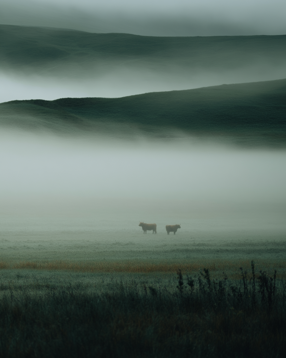 Two highland cattle in morning fog with layered hills