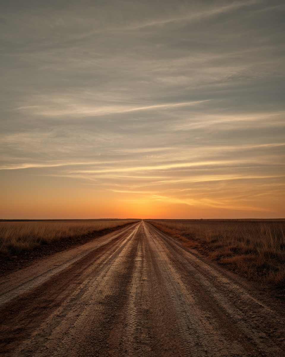 Dirt road vanishing into storm on horizon