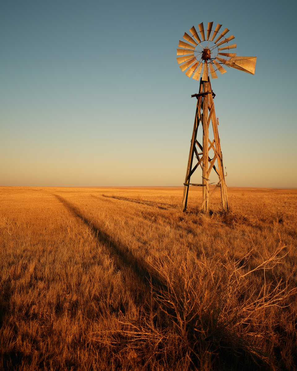 Windmill at golden hour, long shadow