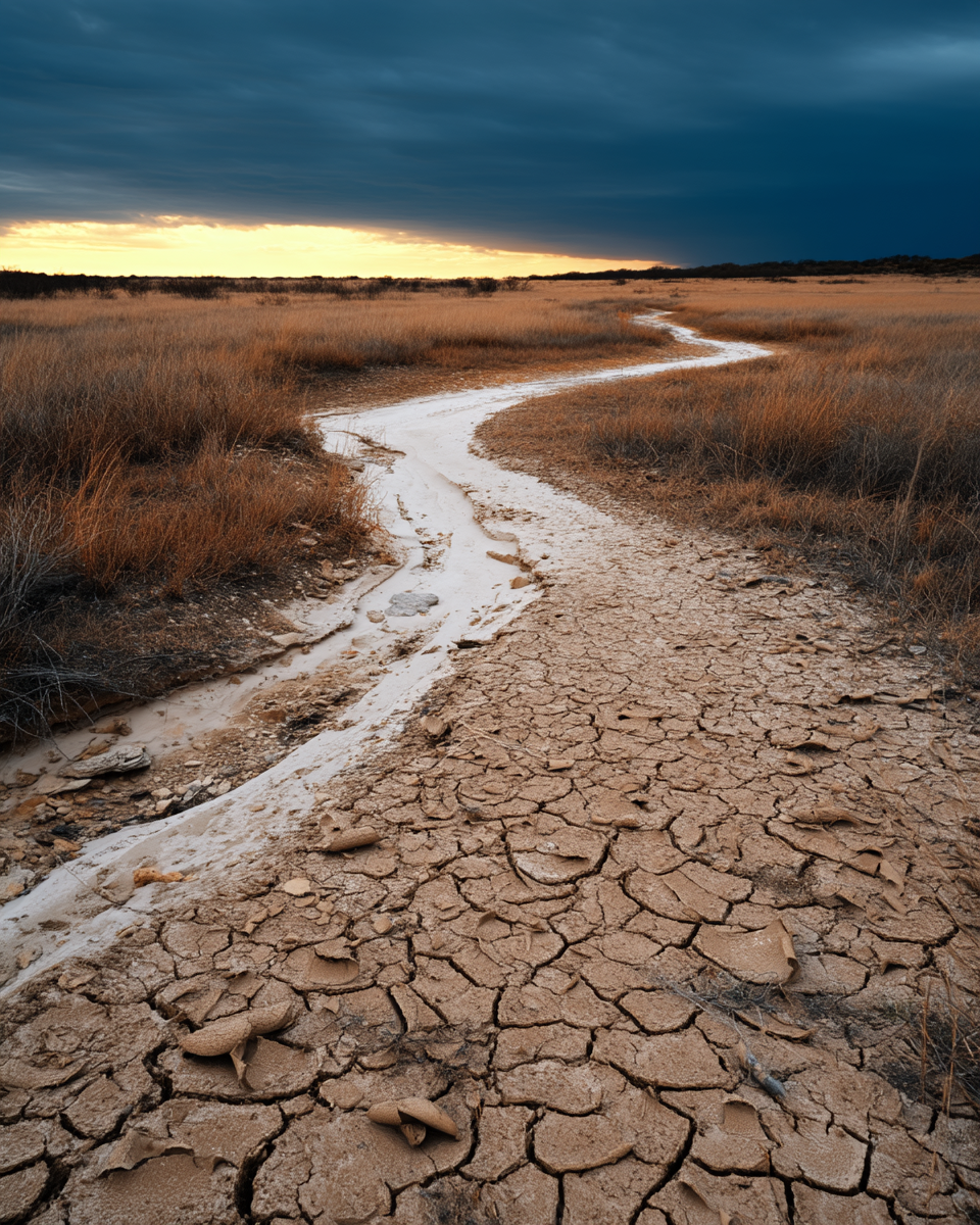 Dry cracked creek bed winding toward storm