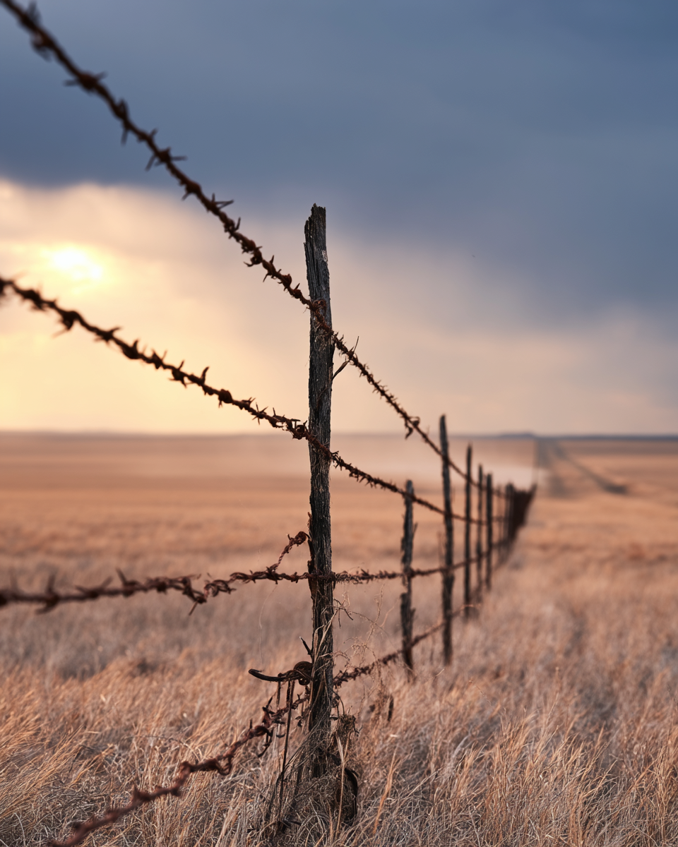 Rusted barbed wire fence at storm sunrise